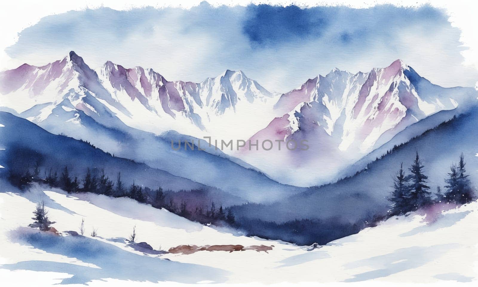 Mountain landscape with snow and fog. Digital watercolor painting. by Andre1ns