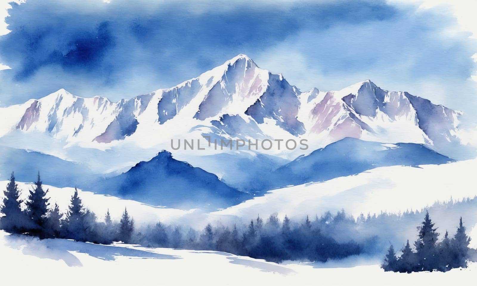 Mountain landscape with snow and fog. Digital watercolor painting. by Andre1ns