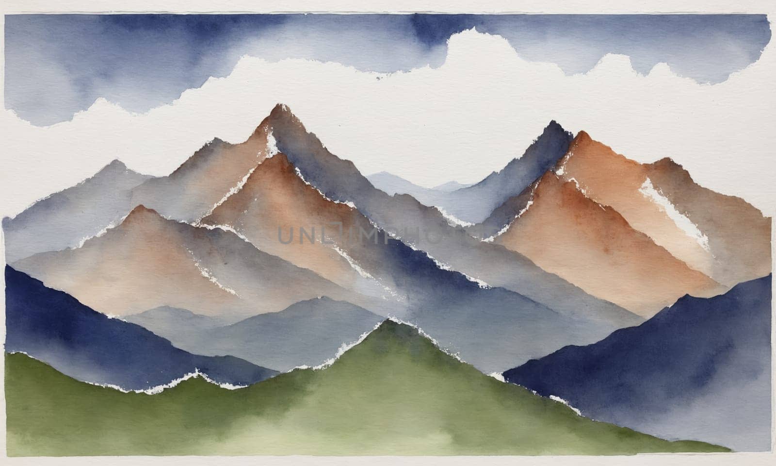 Watercolor mountain landscape. Hand drawn illustration with mountains and blue sky