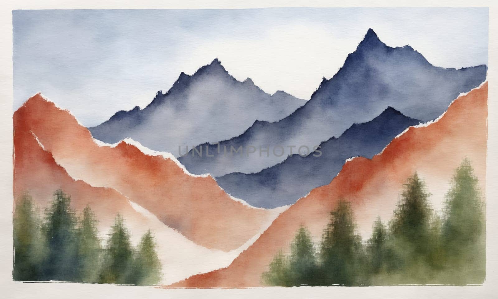 Watercolor mountain landscape. Hand drawn illustration with mountains and blue sky. by Andre1ns