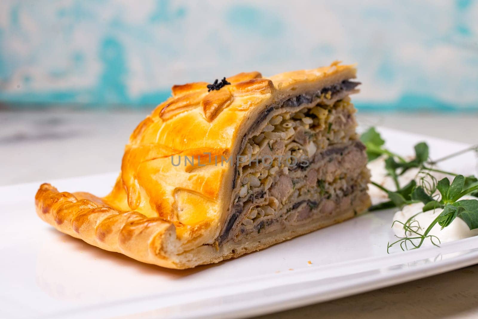 Multi-layered meat and vegetable savory pie with a golden crust by Pukhovskiy