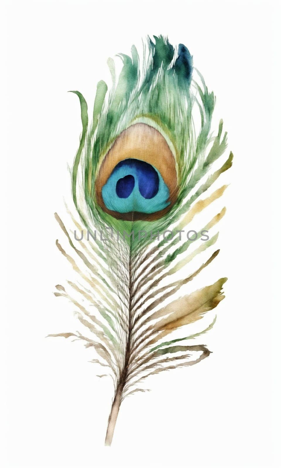 Watercolor peacock feather on white background. Hand drawn illustration