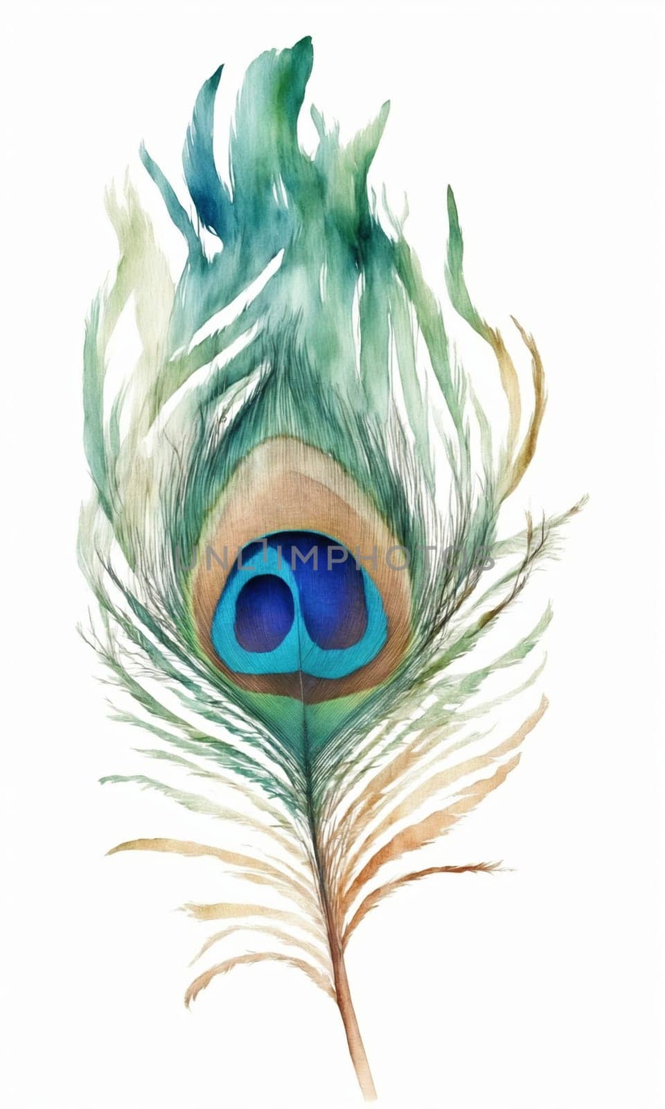 Watercolor peacock feather on white background. Hand drawn illustration. by Andre1ns