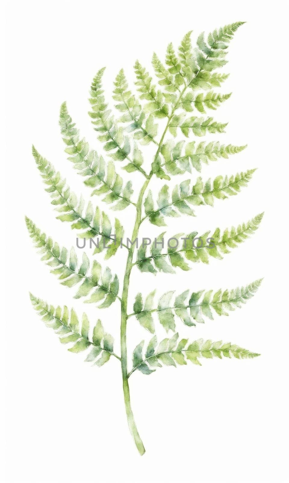 watercolor drawing of fern leaf on white background.