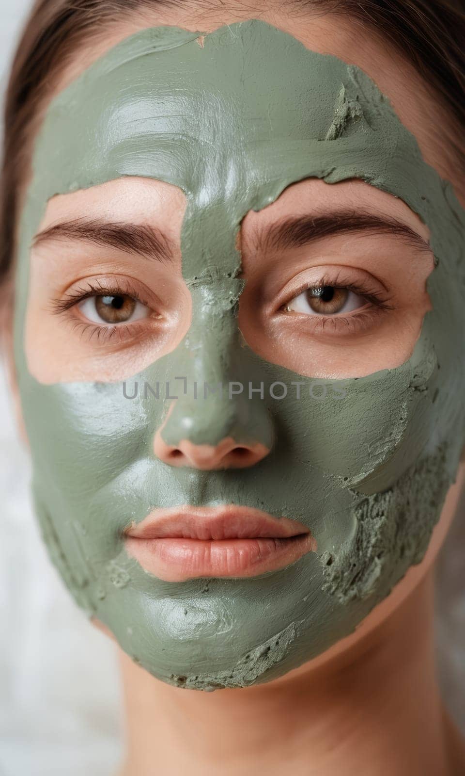 Beautiful young woman with green clay facial mask on her face. Spa treatment