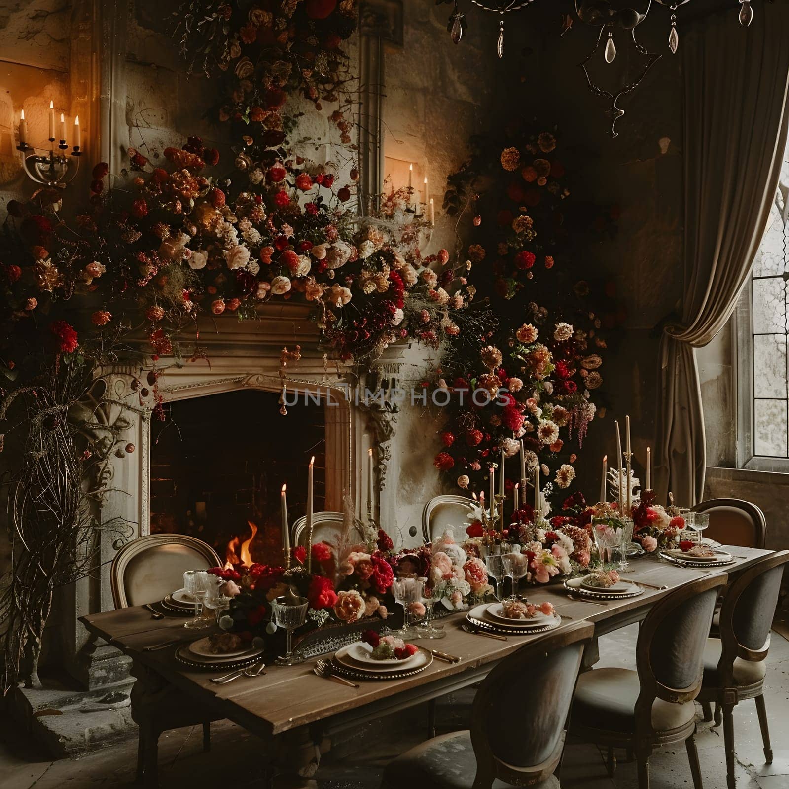 The dining room in the building is beautifully decorated with a table, chairs, and a fireplace adorned with flowers. The interior design also includes art, curtains, and a tablecloth for events