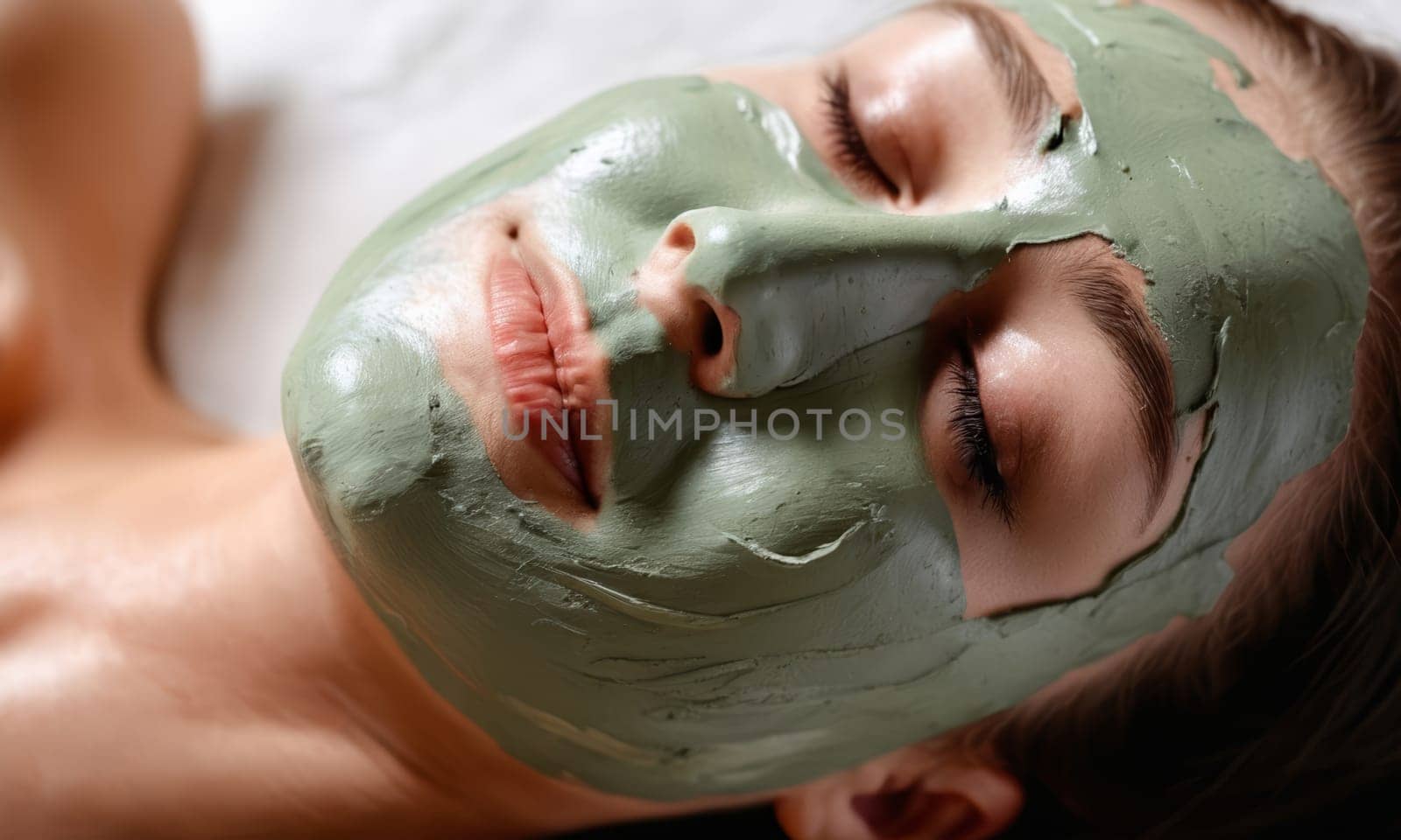 Young woman with green clay facial mask on her face. Beauty treatment