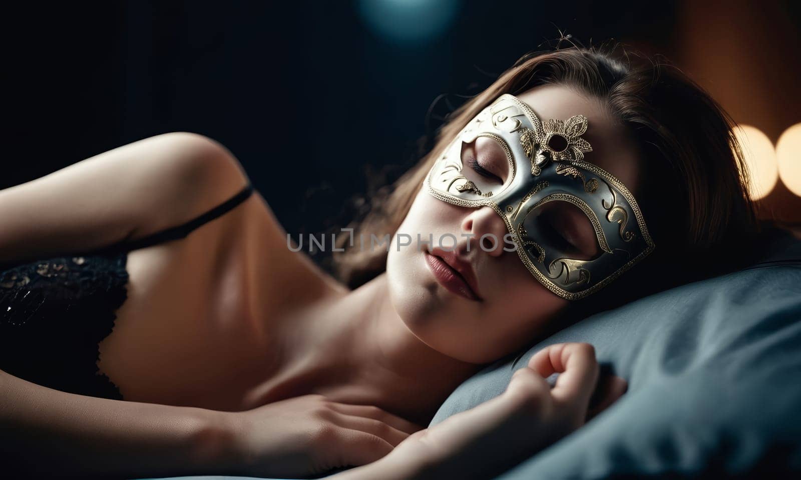 Sexy woman in carnival mask lying in bed at night