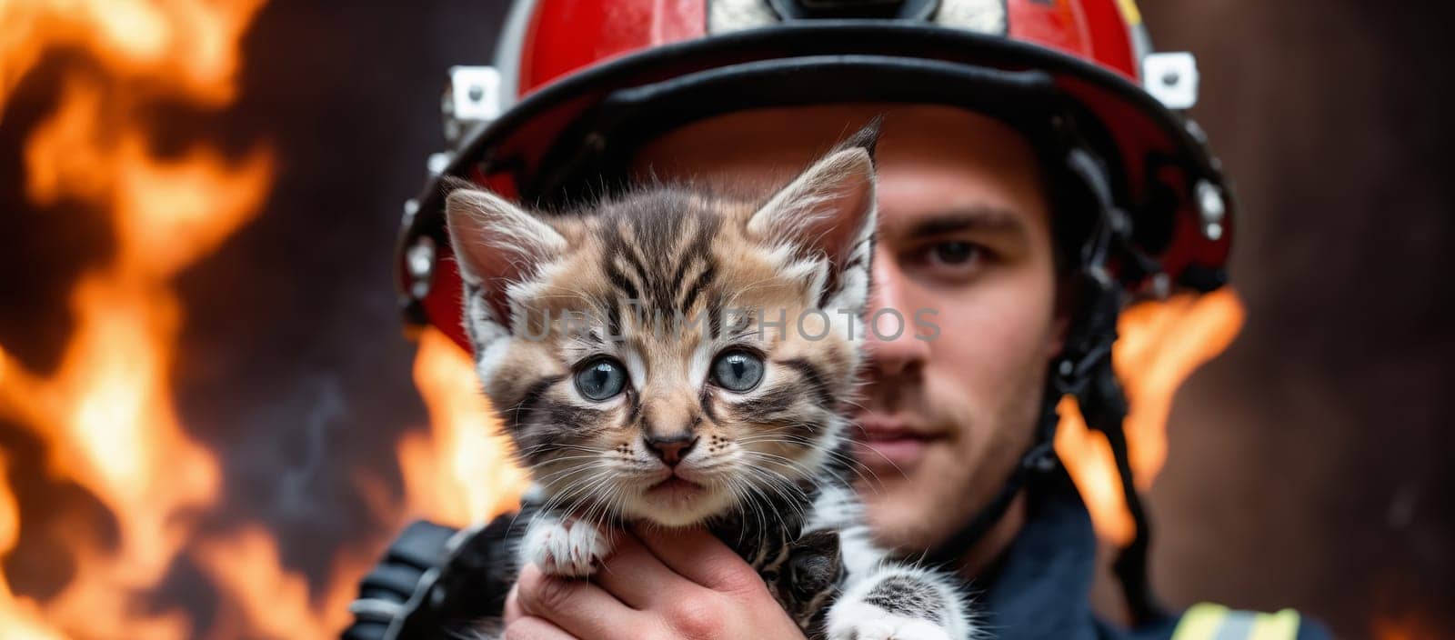firefighter with a kitten in his arms on the background of fire.