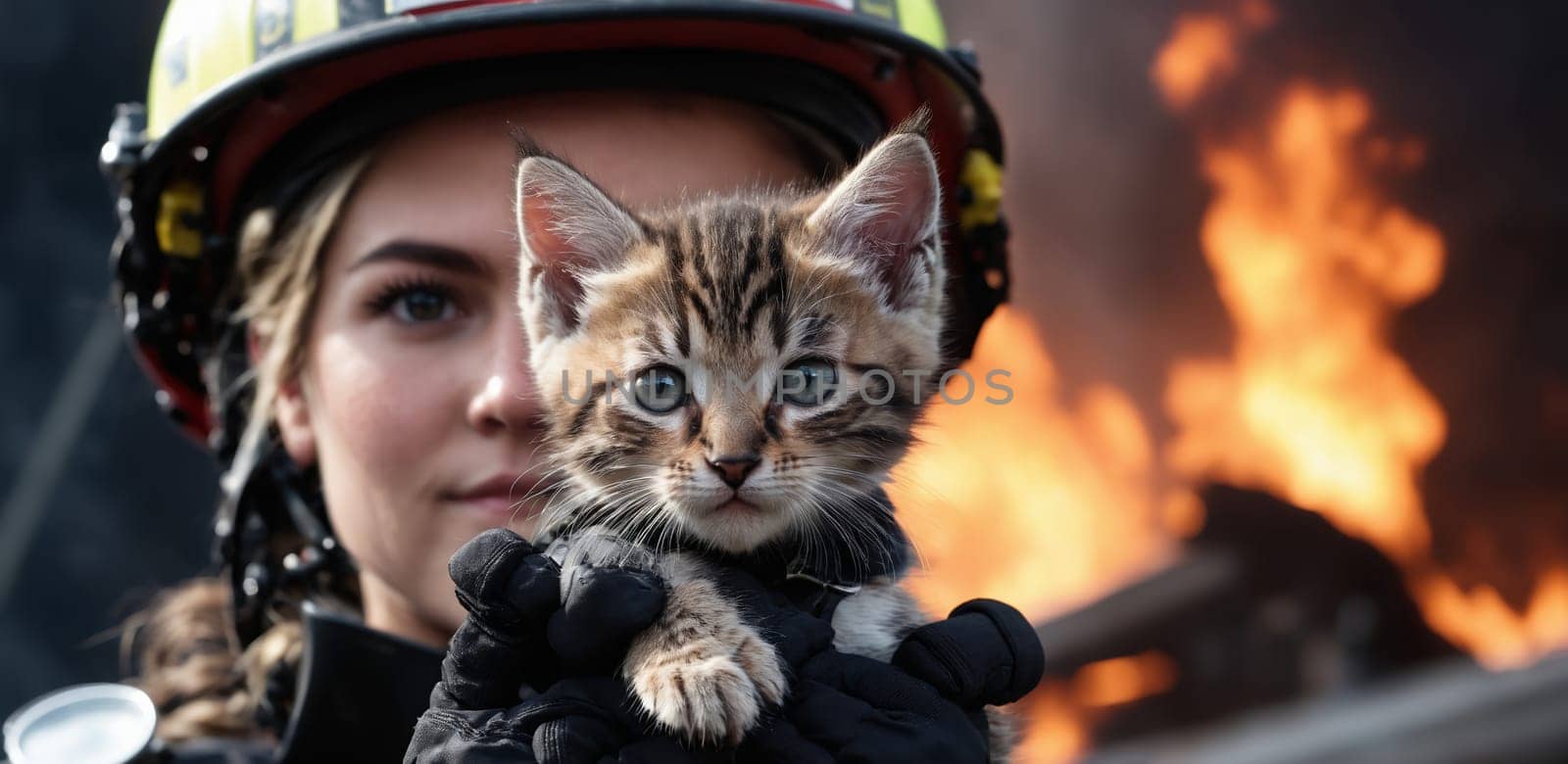 Portrait of a female firefighter holding a cat in her arms. fire in the background.