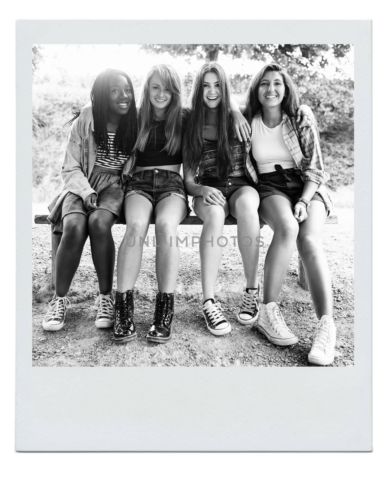 Women, friends and happy portrait on bench as polaroid picture for bonding connection, summer or together. Female people, face and outdoor in environment for relaxing holiday, vacation or weekend.