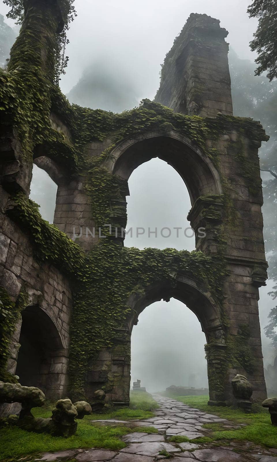 Mist-Clad Ruins. The remnants of an ancient castle, shrouded in mist. Ivy-clad walls crumble gracefully, and forgotten statues guard the entrance.