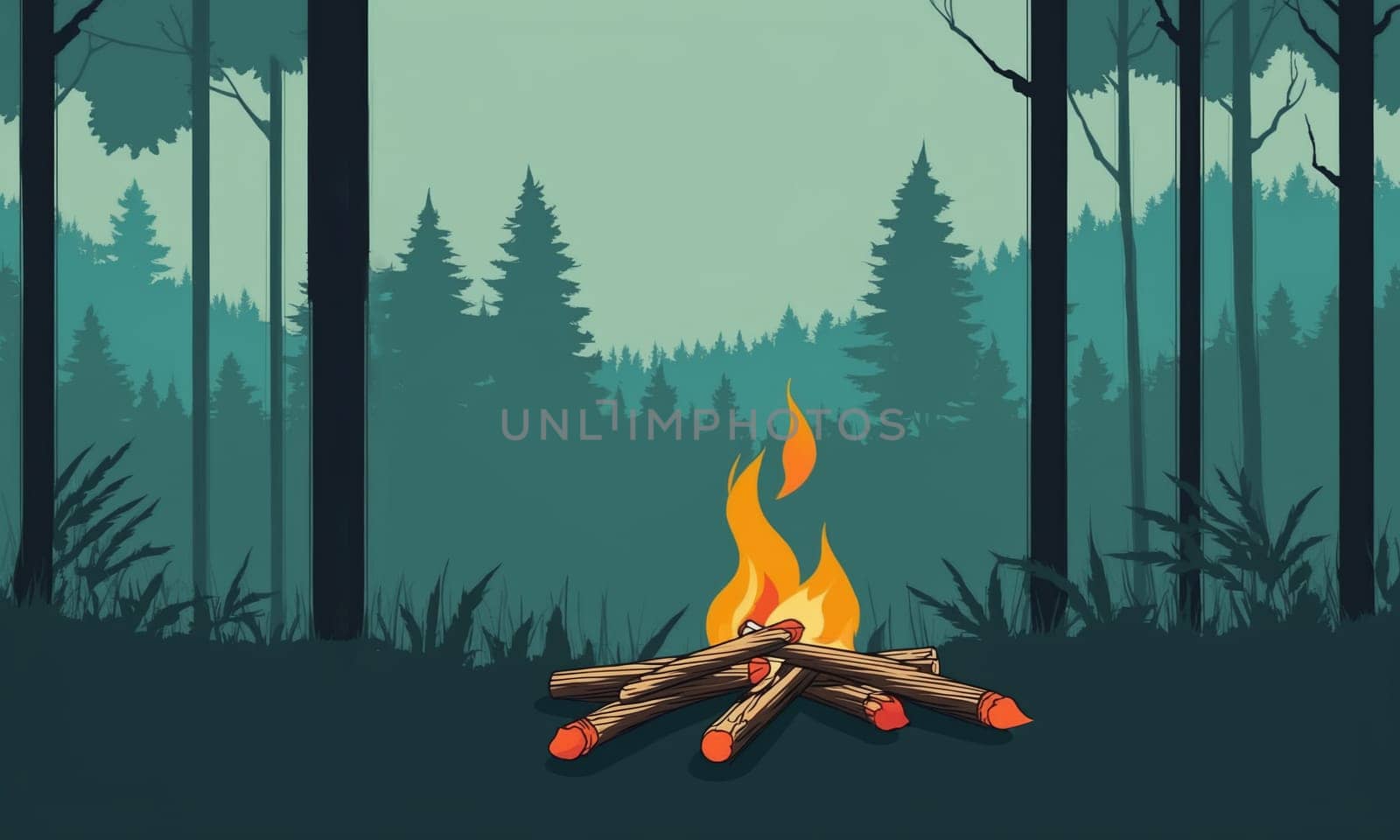 Burning bonfire in the forest. Flat style illustration
