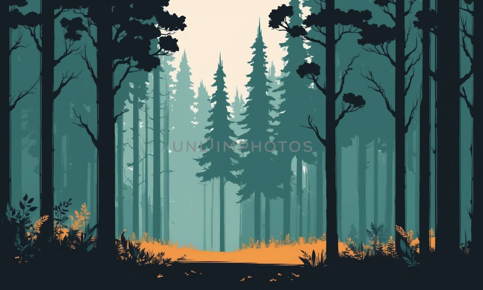 Forest landscape with road in the forest. illustration in flat style