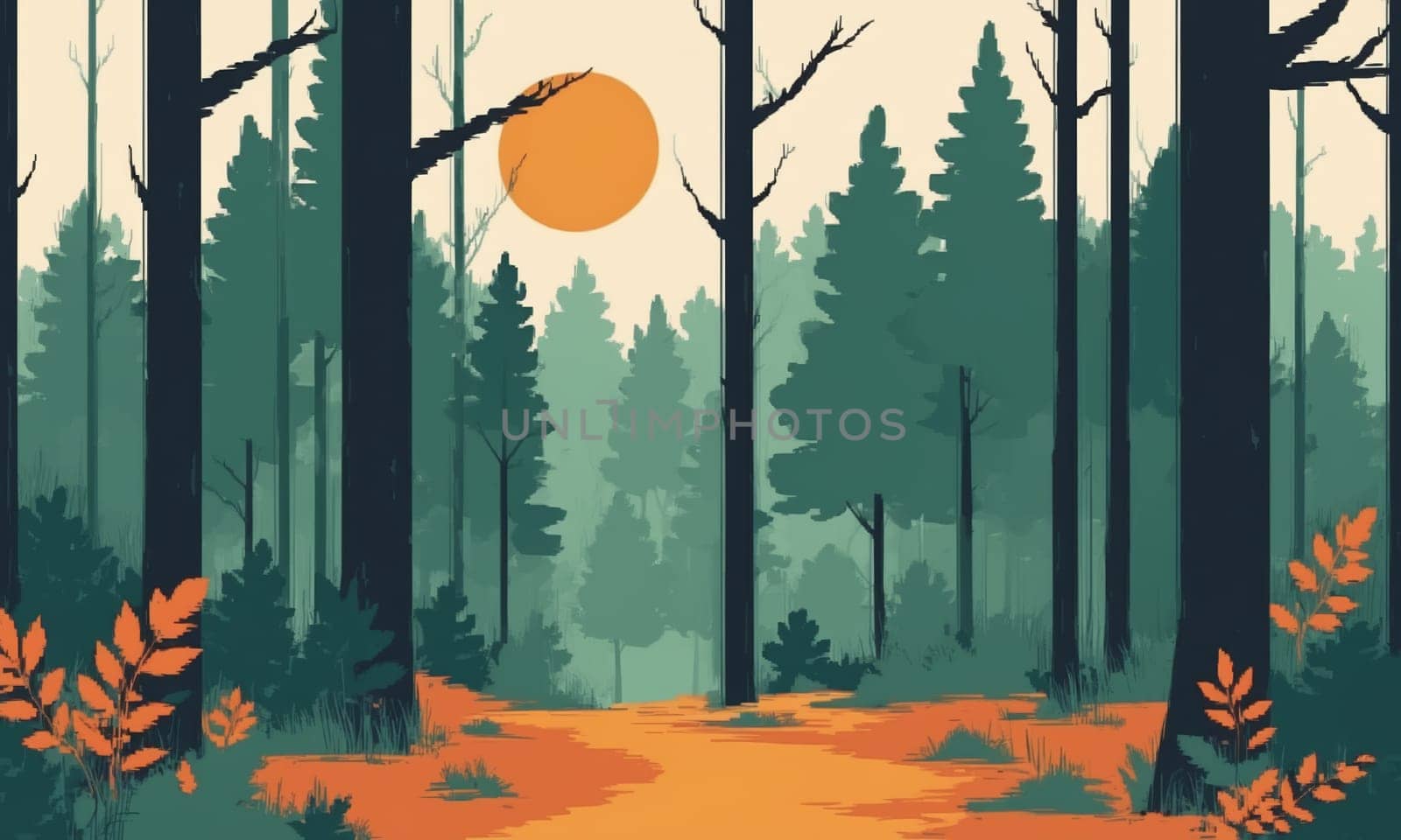 Autumn landscape with forest and sun. illustration in flat style.