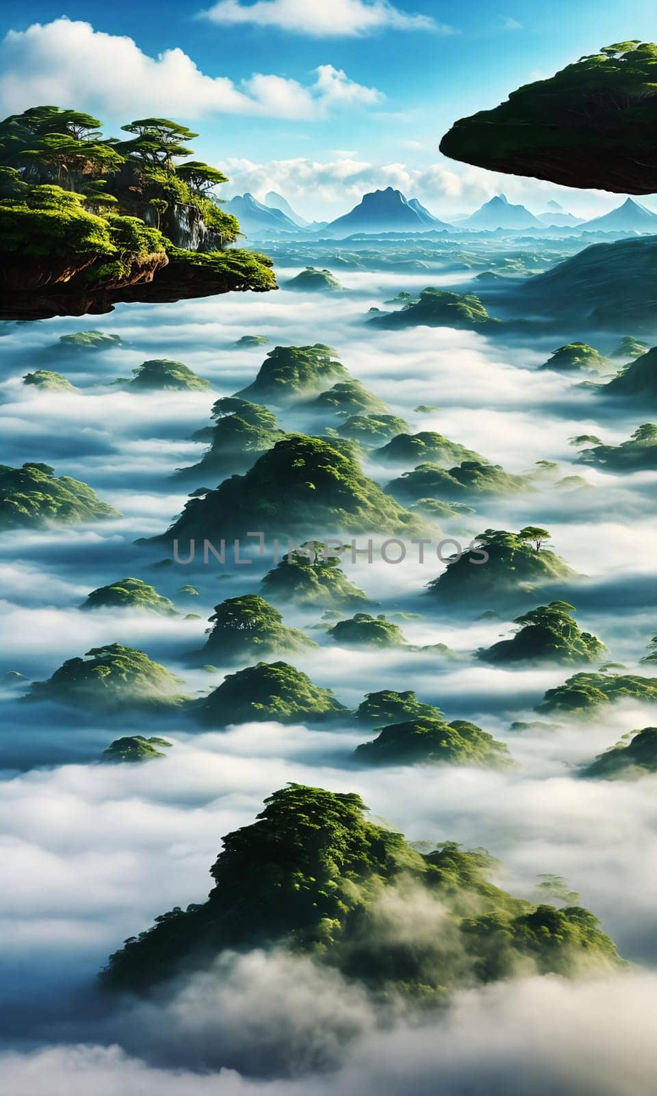 Floating Isles. Above a sea of clouds, islands drift like dreamscapes. Each is a miniature world, lush forests, waterfalls, and floating gardens. The sky holds its breath, and rainbows weave through the mist.