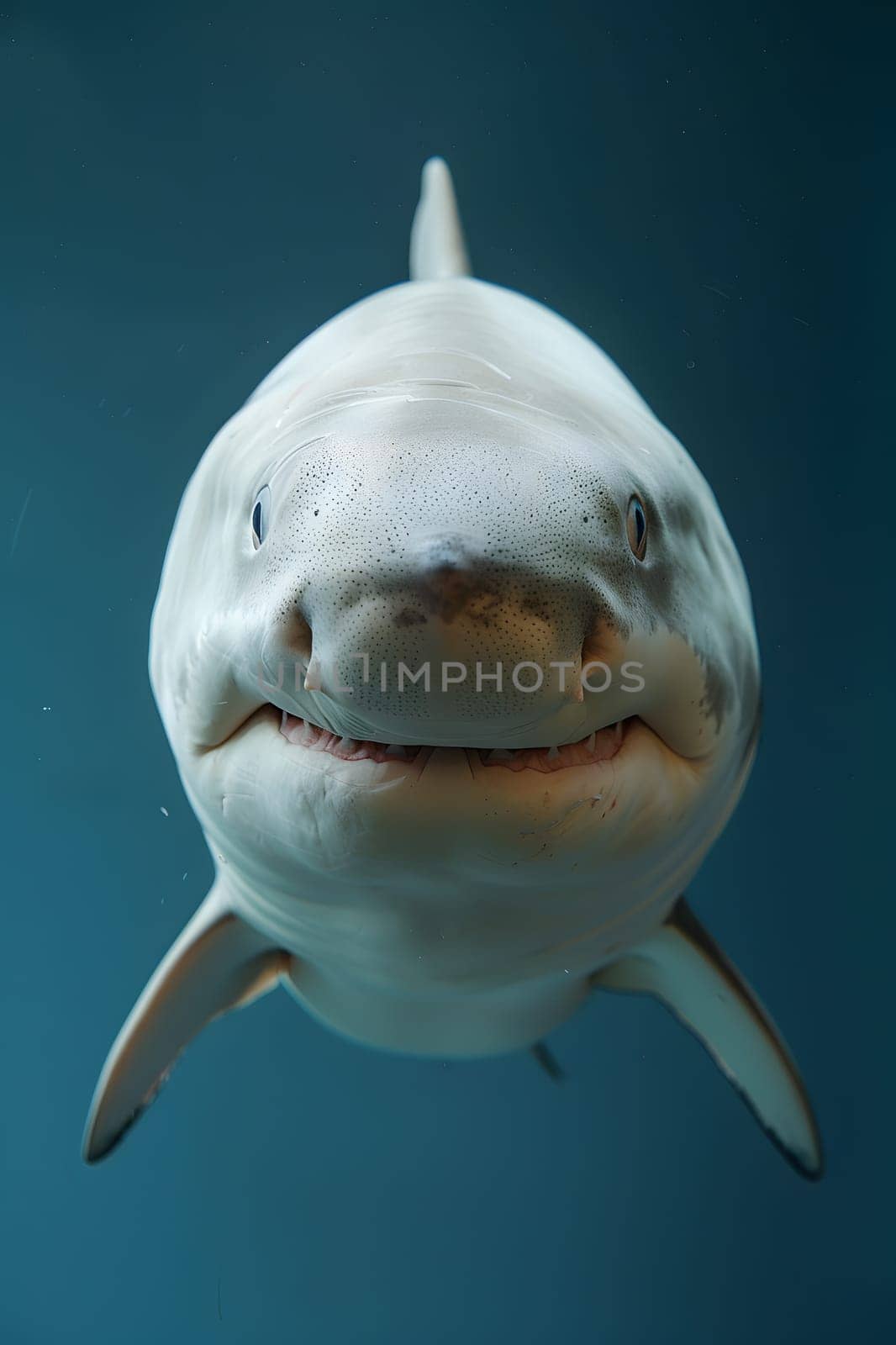 a white shark is smiling and looking at the camera . High quality