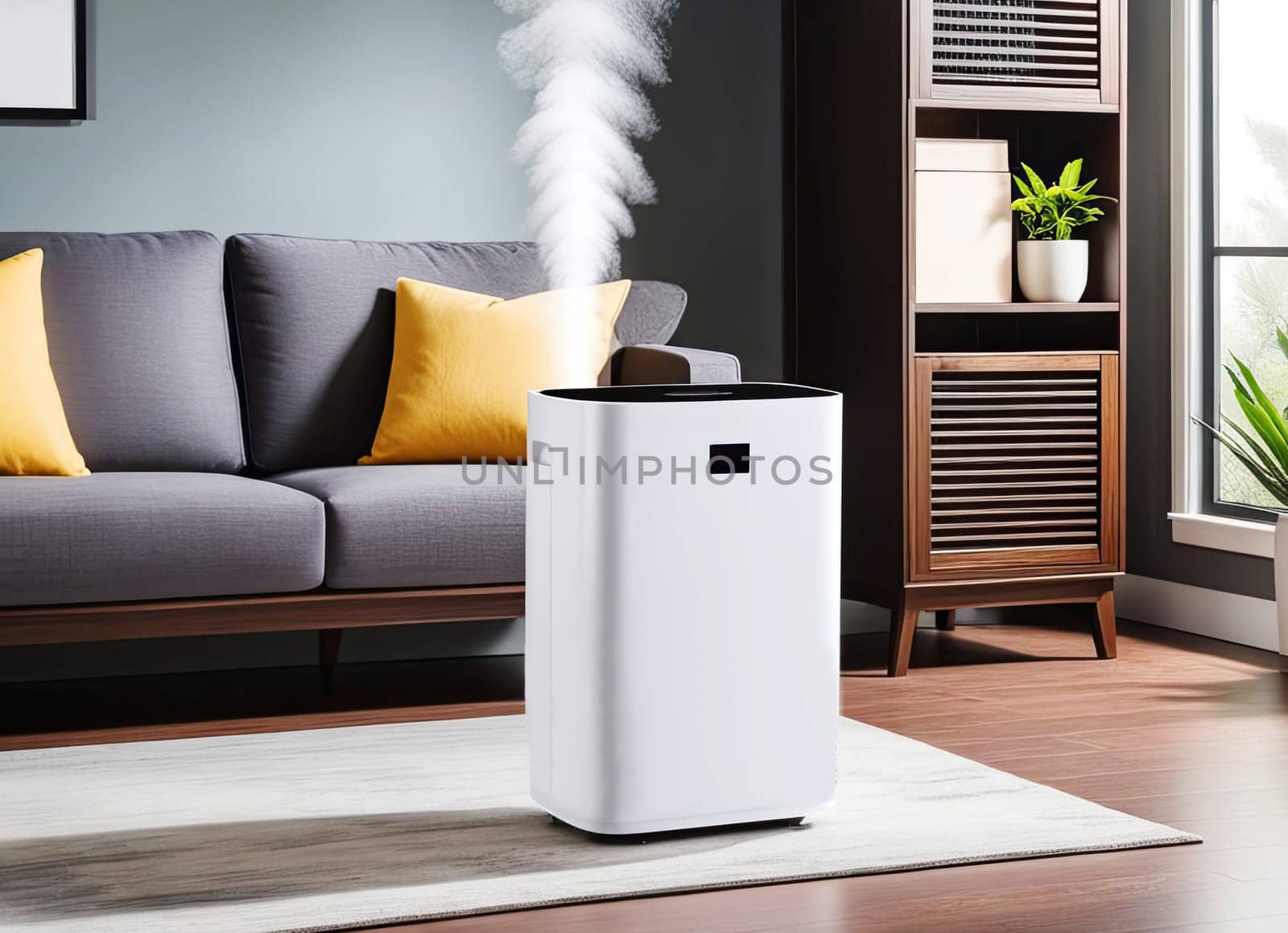 Air purifier in cozy living room for filter and cleaning removing dust for fresh air and healthy life,Air Pollution Concept