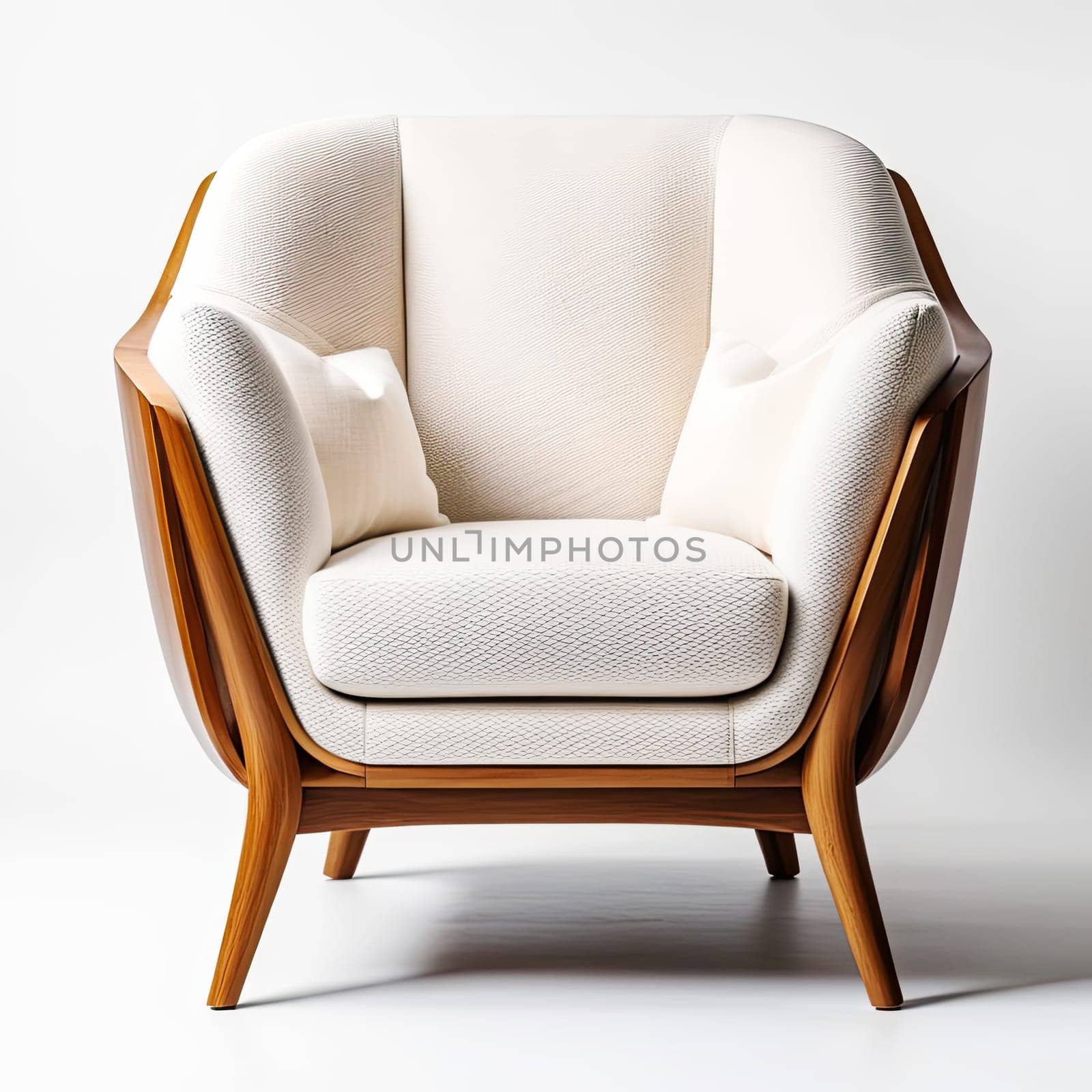 comfortable armchair with wooden legs on white background.  contemporary furniture in minimal style