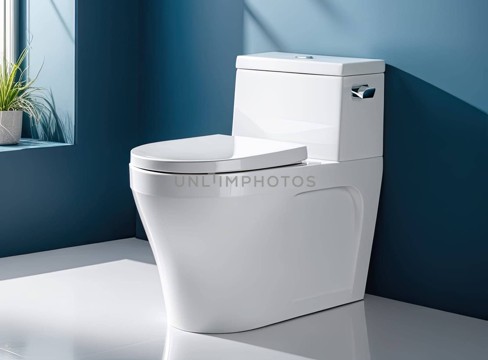 White toilet bowl in a minimalist blue modern bathroom. 