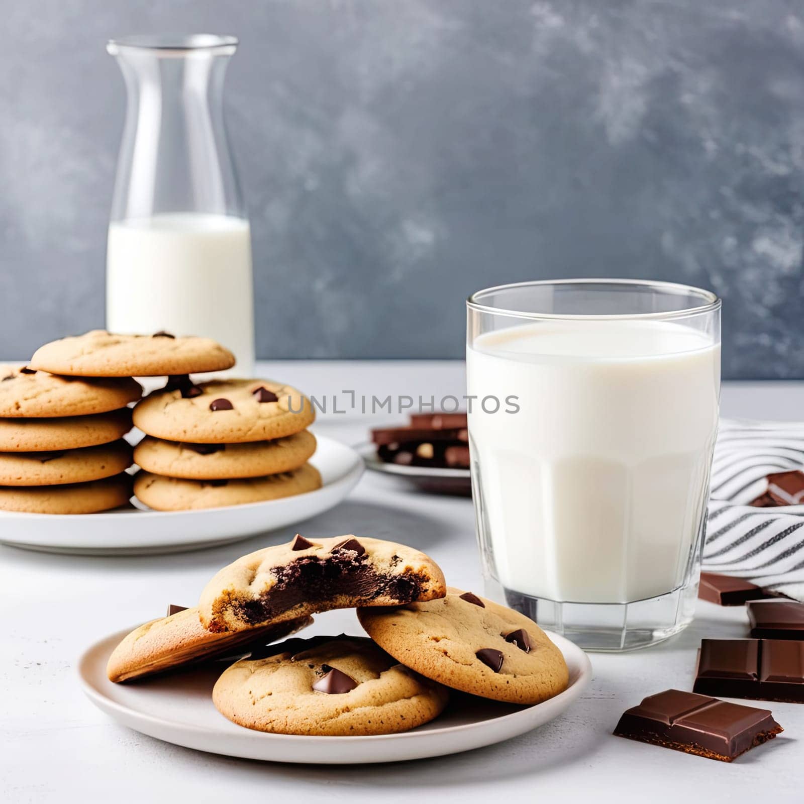 Chocolate chip cookies with glass milk. Morning breakfast