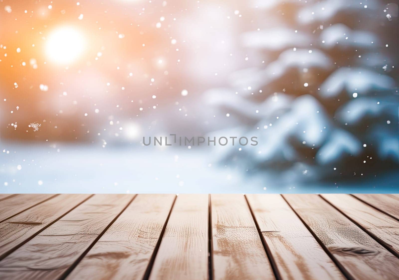  winter snowy blurred defocused background. empty wooden flooring. Flakes of snow fall and sparkle on light.