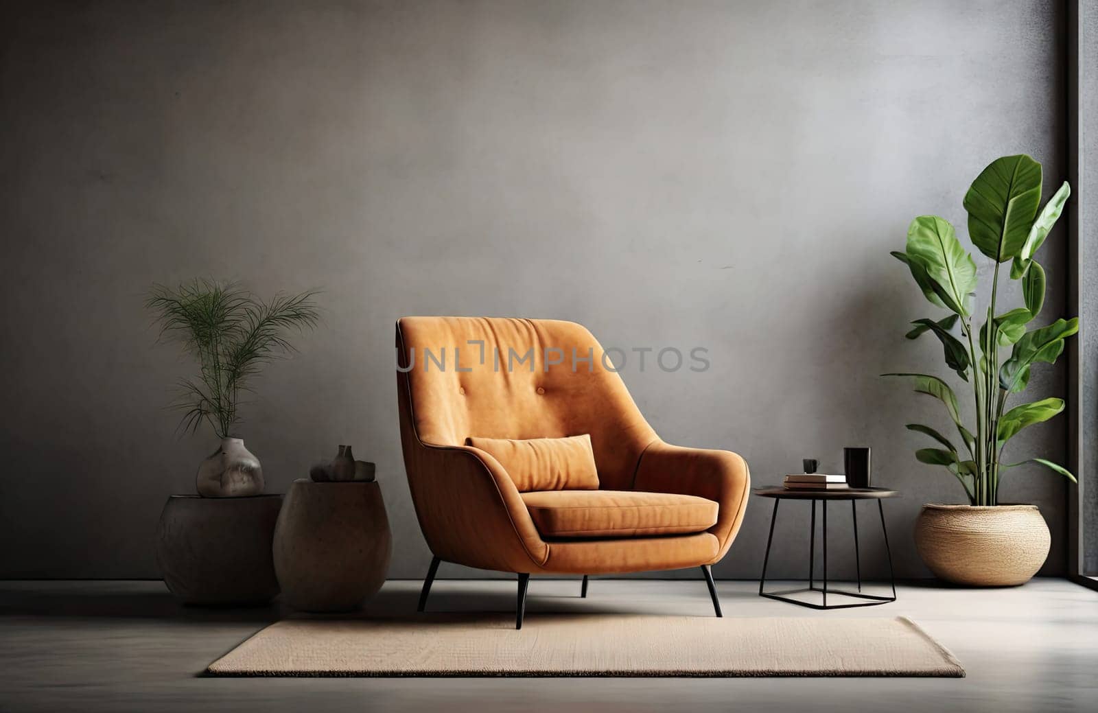 Minimalistic interior with modern furniture. Stylish armchair in home 