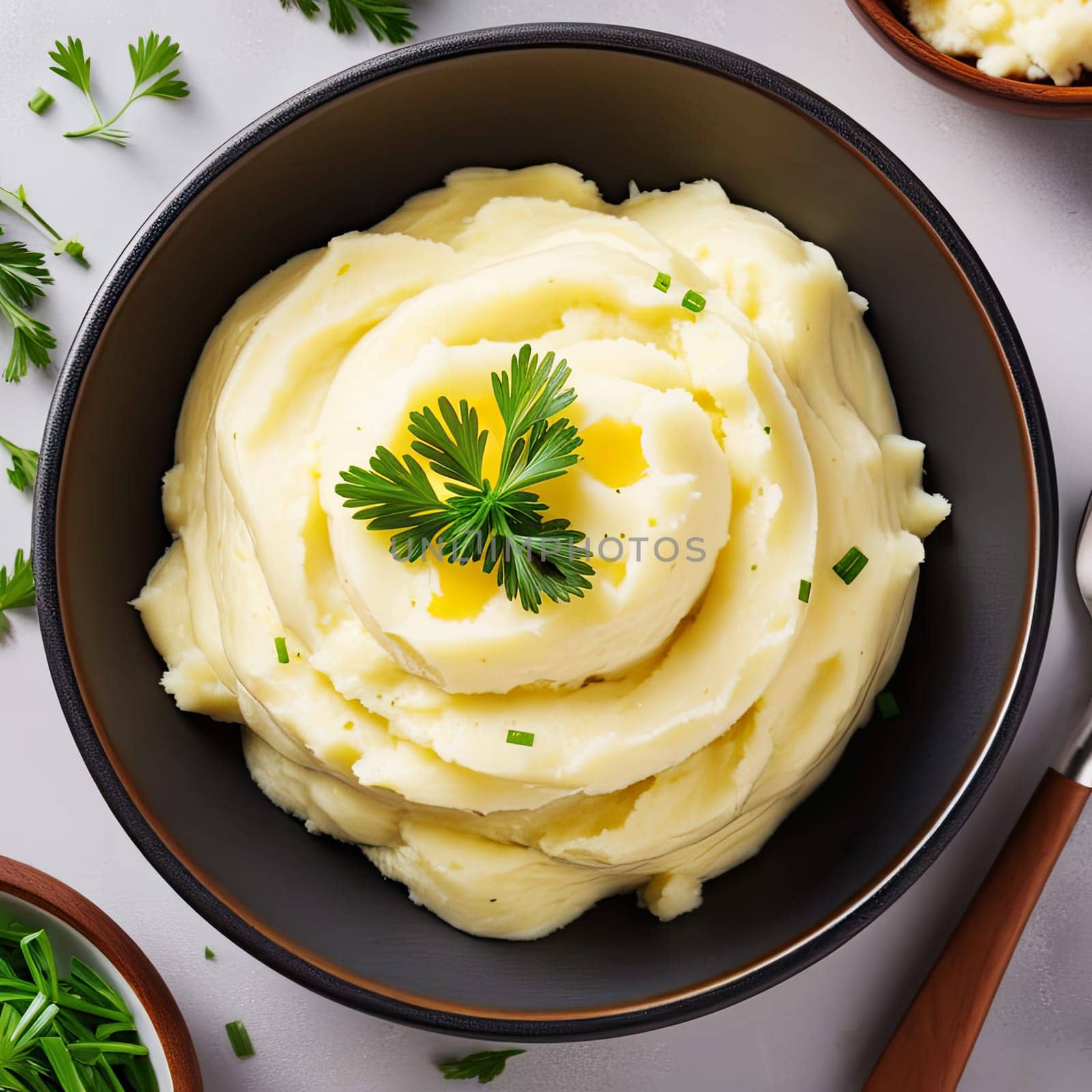 Freshly cooked homemade mashed potatoes with on table, top view.