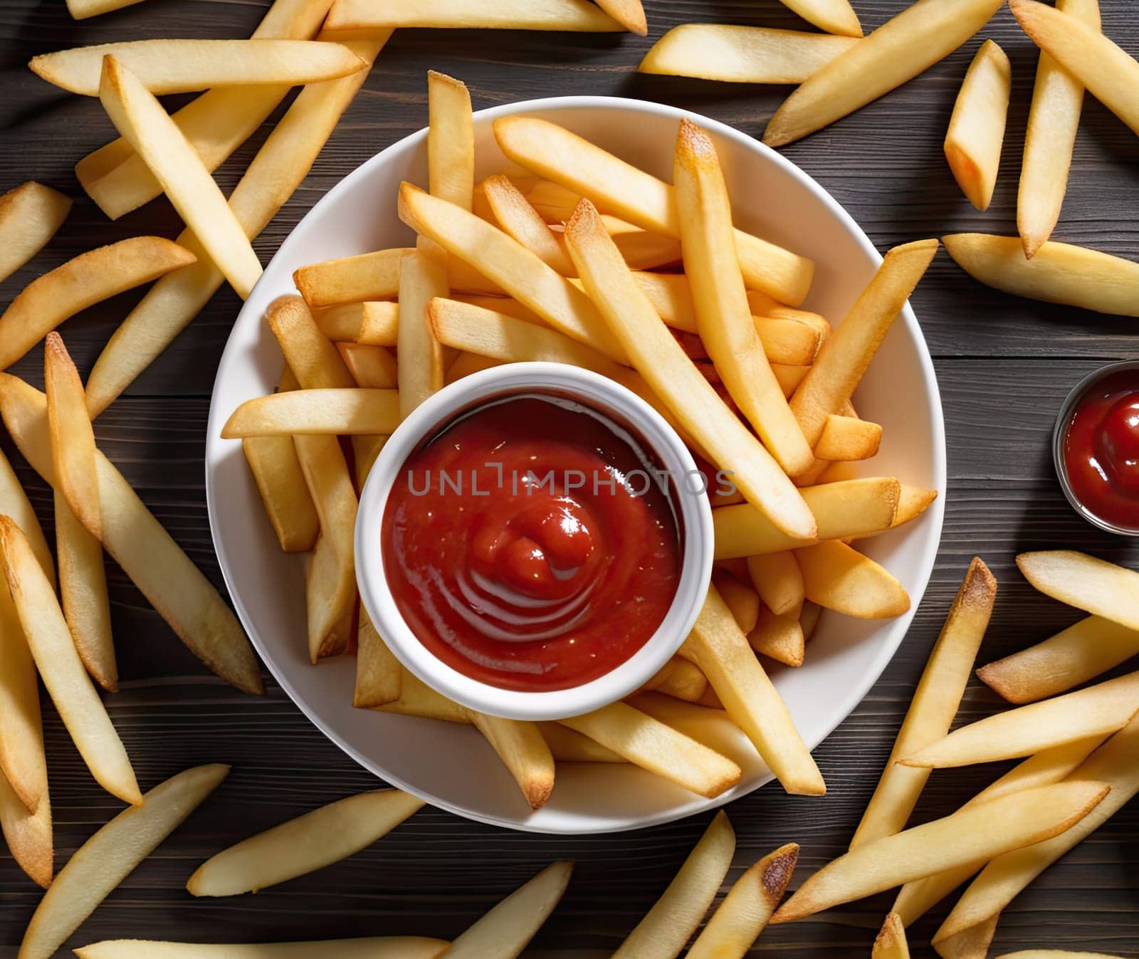 French fries with ketchup on plate, top view