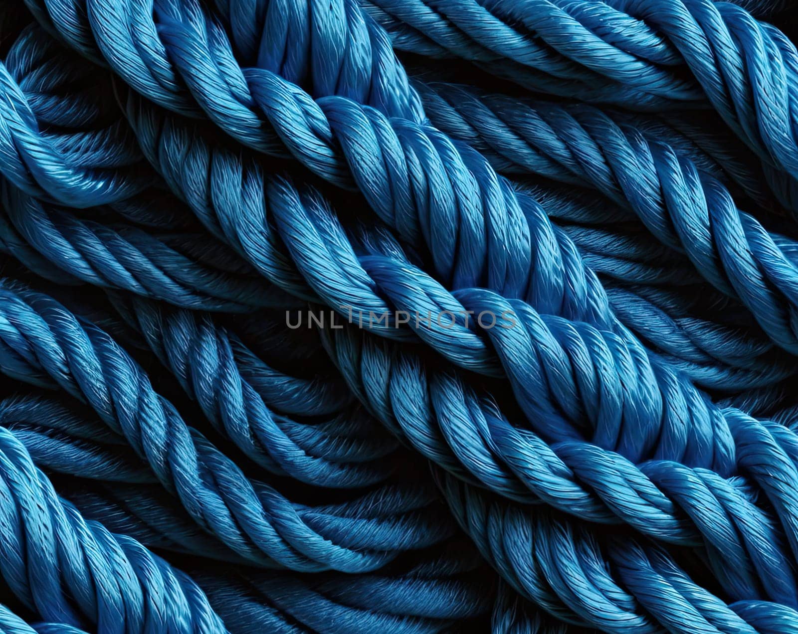  blue knitted texture close up. Colorful climbing rope.