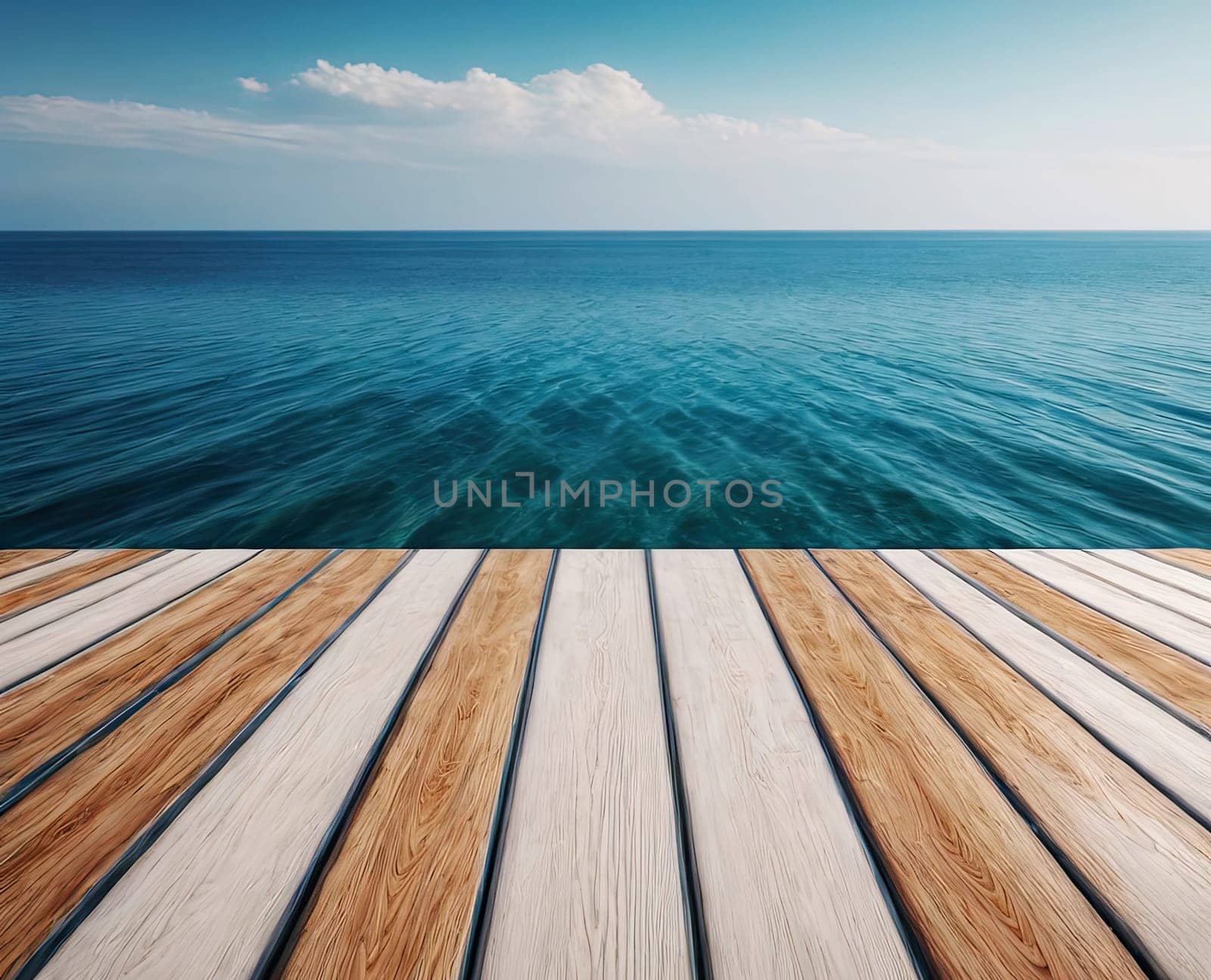 Wooden planks on the pier above the blue sea and sky top of the water