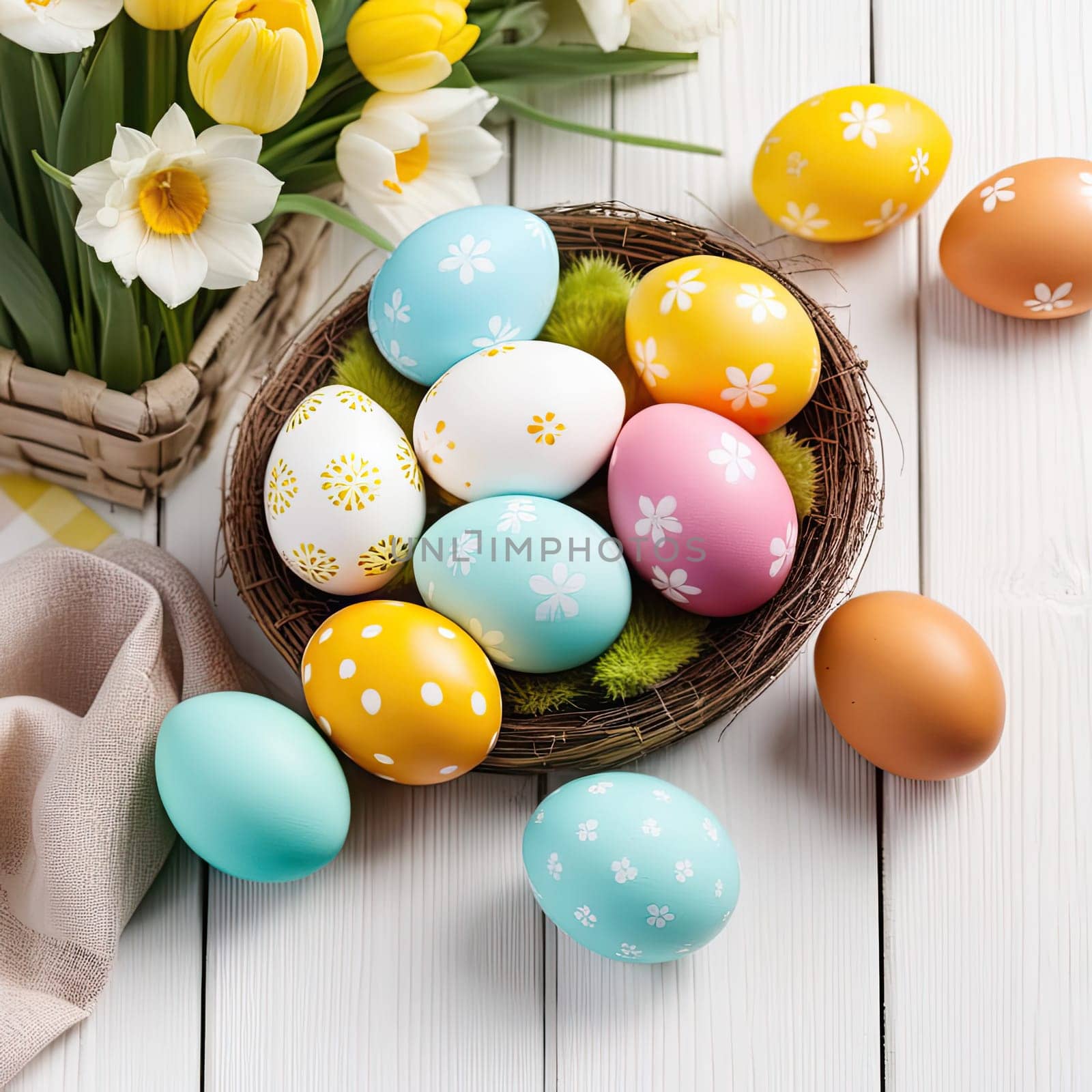 Easter eggs and flowers on rustic wooden background for holiday concept