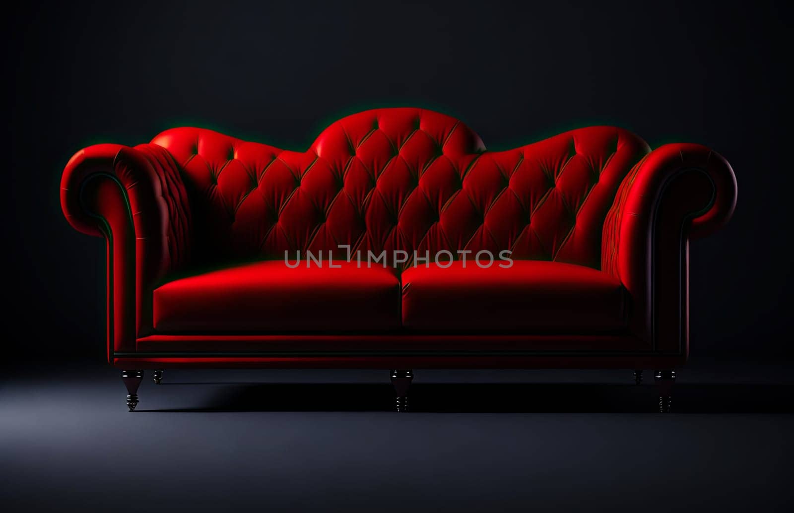 Red quilted classic sofa on dark background. luxury furniture