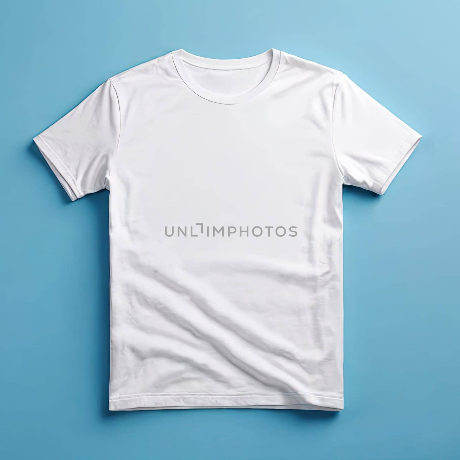 Blank T Shirt color white template front on blue background.
