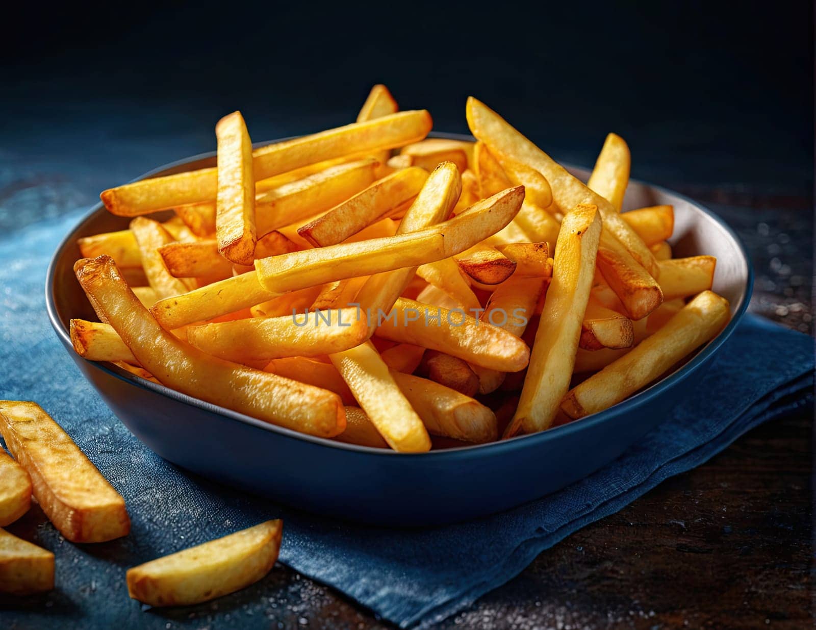 Tasty french fries on plate, on table background. junk food