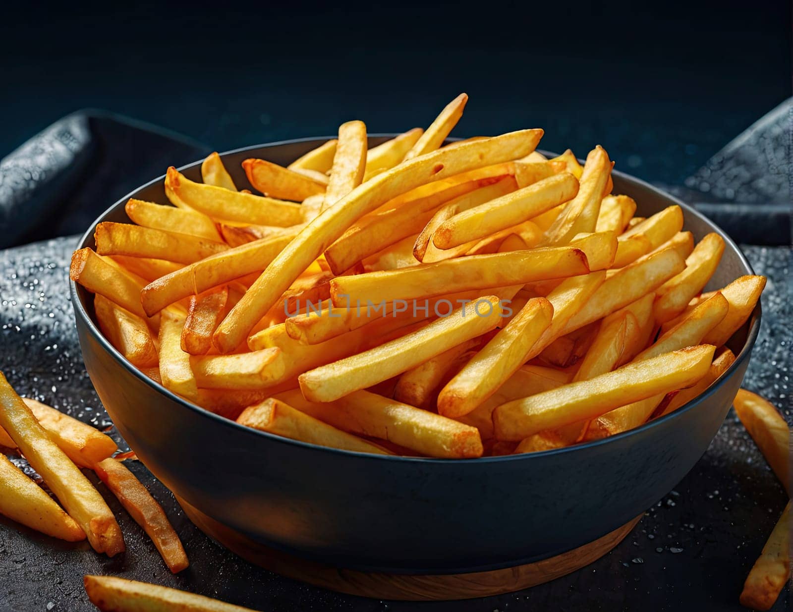 Freshly cooked French fries close up on a plate. unhealthy and fatty foods