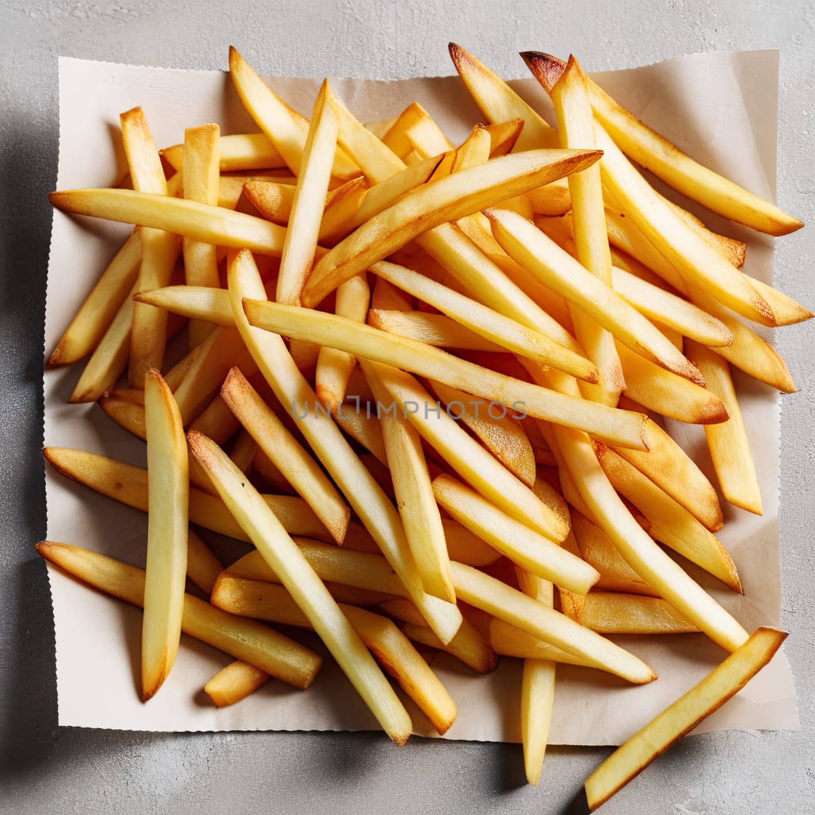 Top view of tasty unhealthy french fries on paper