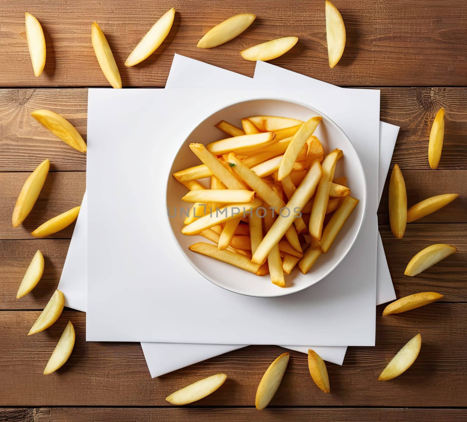 Top view of long cut  crunchy french fries on wooden background