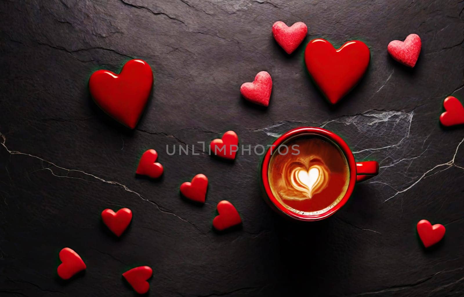  coffee mug with a heart and a lot of hearts next to it on a dark background. valentine's day concept