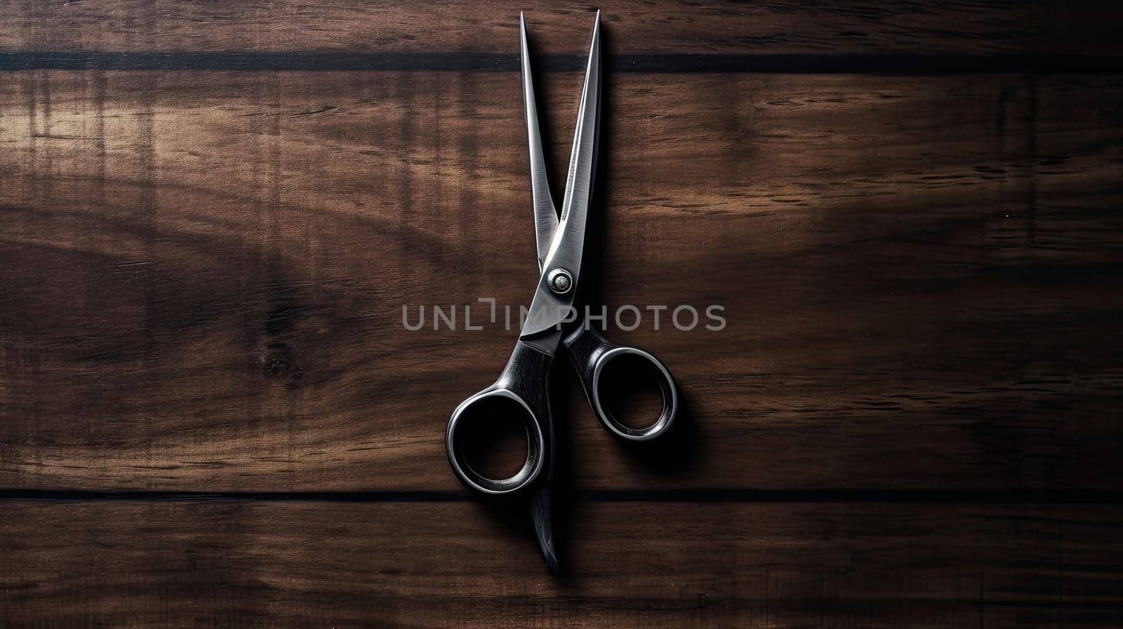 Old rustic vintage scissors on wooden background. barber shop concept