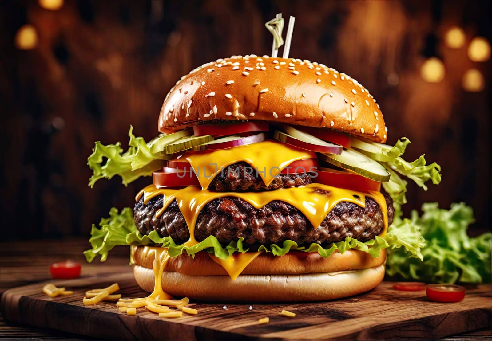 double cheese burger. American Food. Tasty Gourmet on Wooden Table.