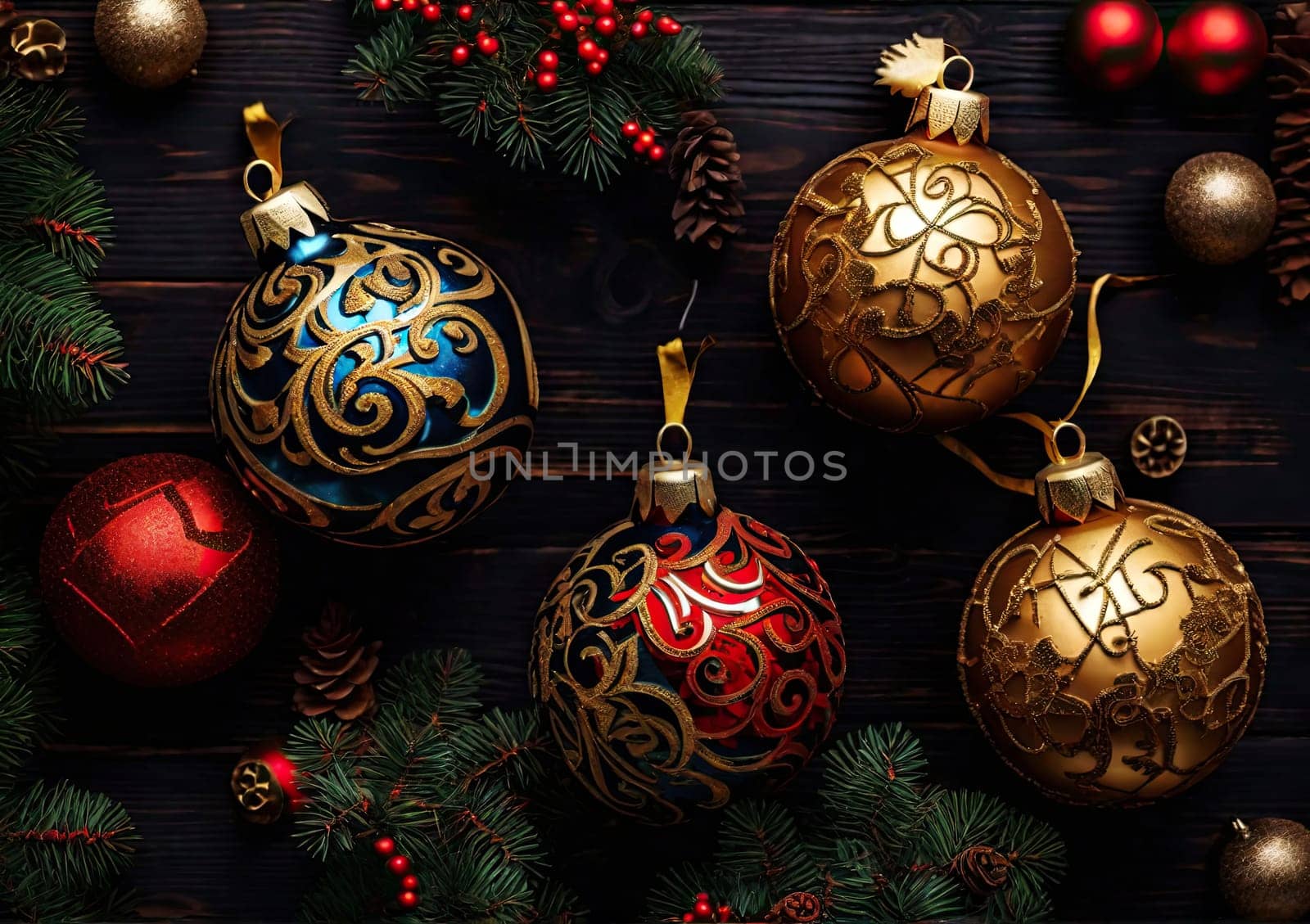 Christmas background with fir tree and  balls on dark wooden background. Top view.