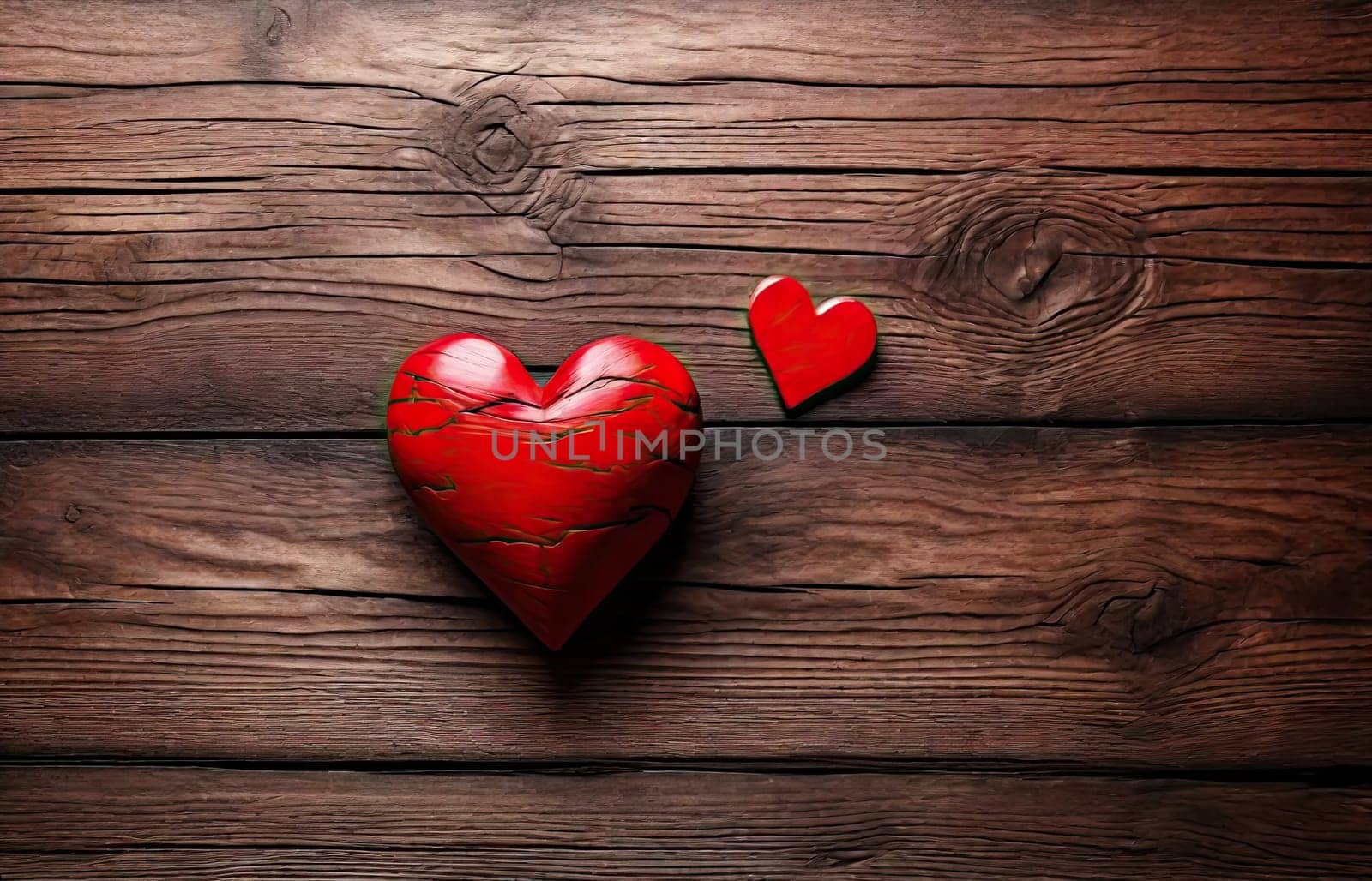 Valentines day background with two red hearts on dark wooden background from above.