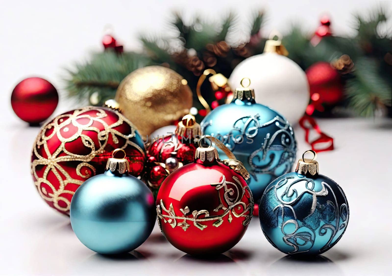 Christmas balls. Collection of Xmas baubles on background.