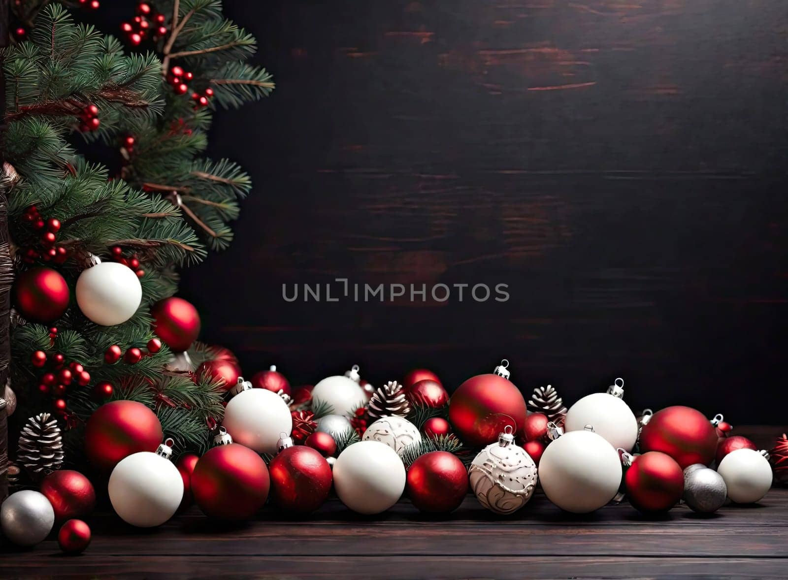 Christmas background with decorations and balls on wooden board
