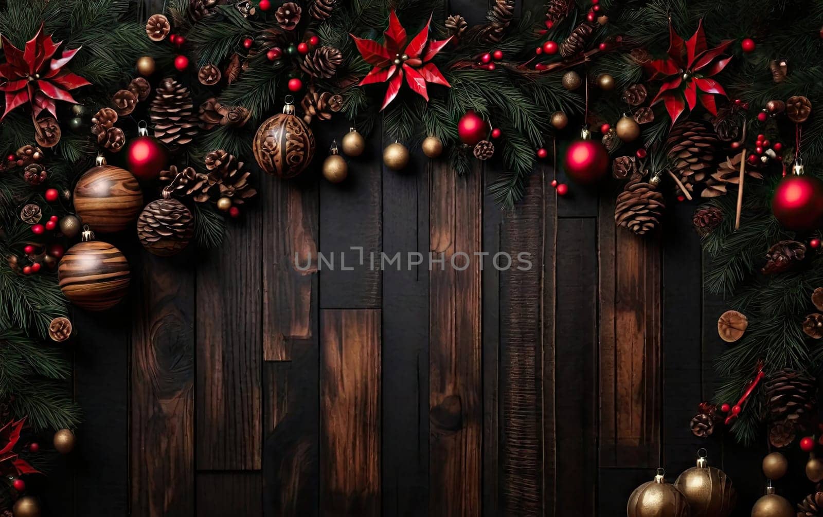 Christmas dark wooden background with baubles or balls, xmas ornaments Christmas holiday concept