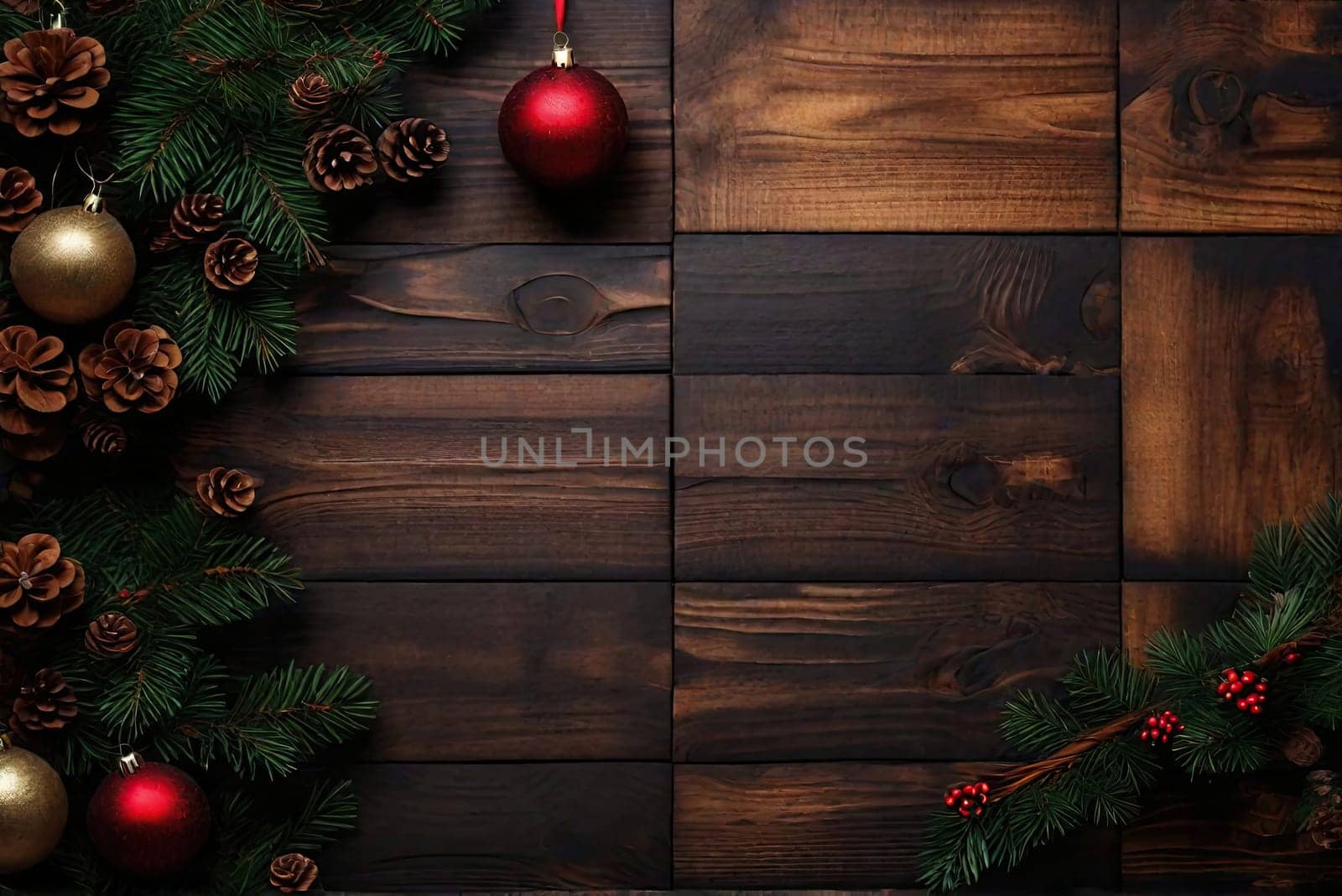 Dark Christmas wooden background with fir tree and decoration. View with copy space