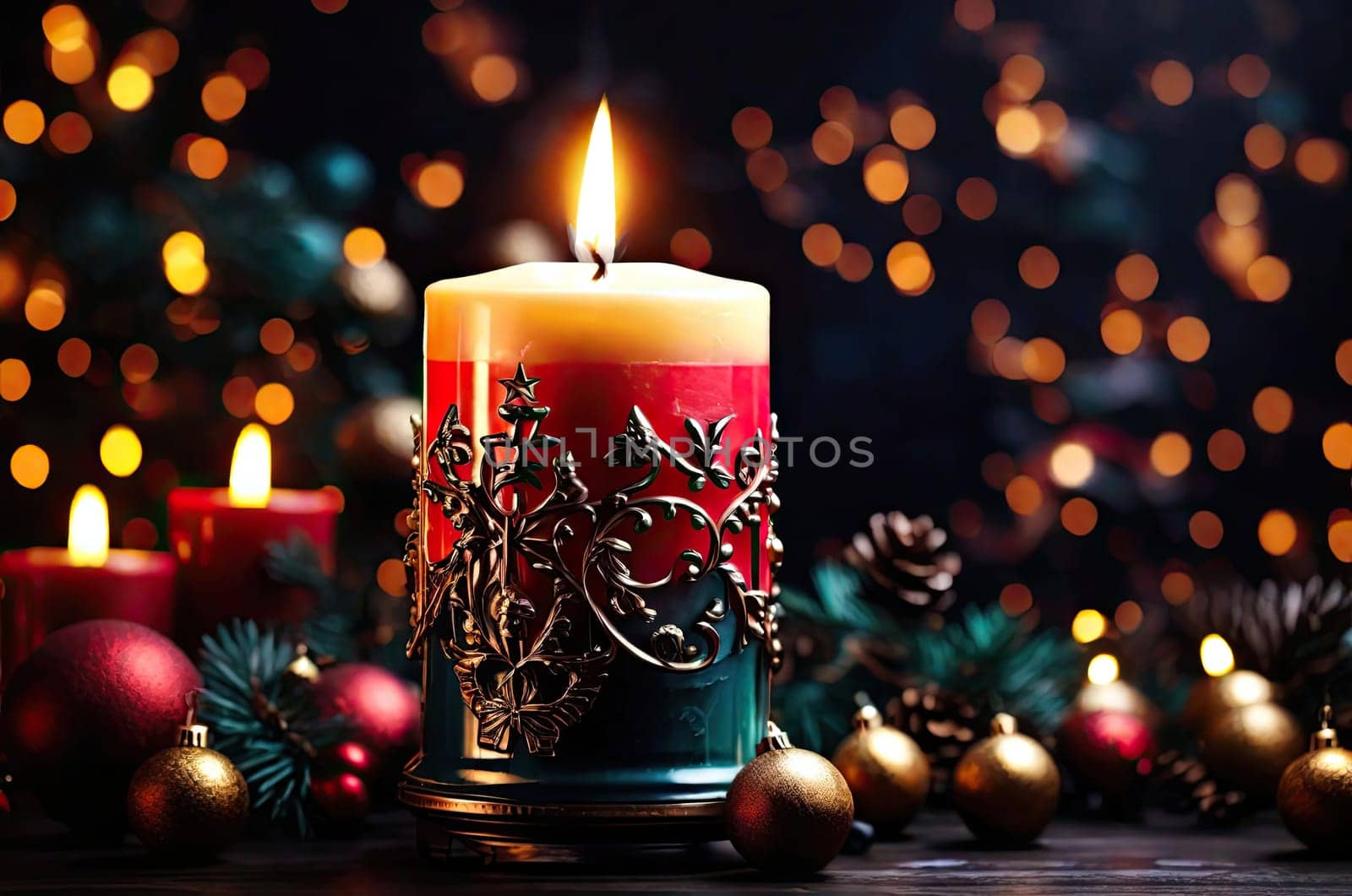 Christmas and New Year Holiday design with candle and fir tree with cones. Xmas Winter holiday background,