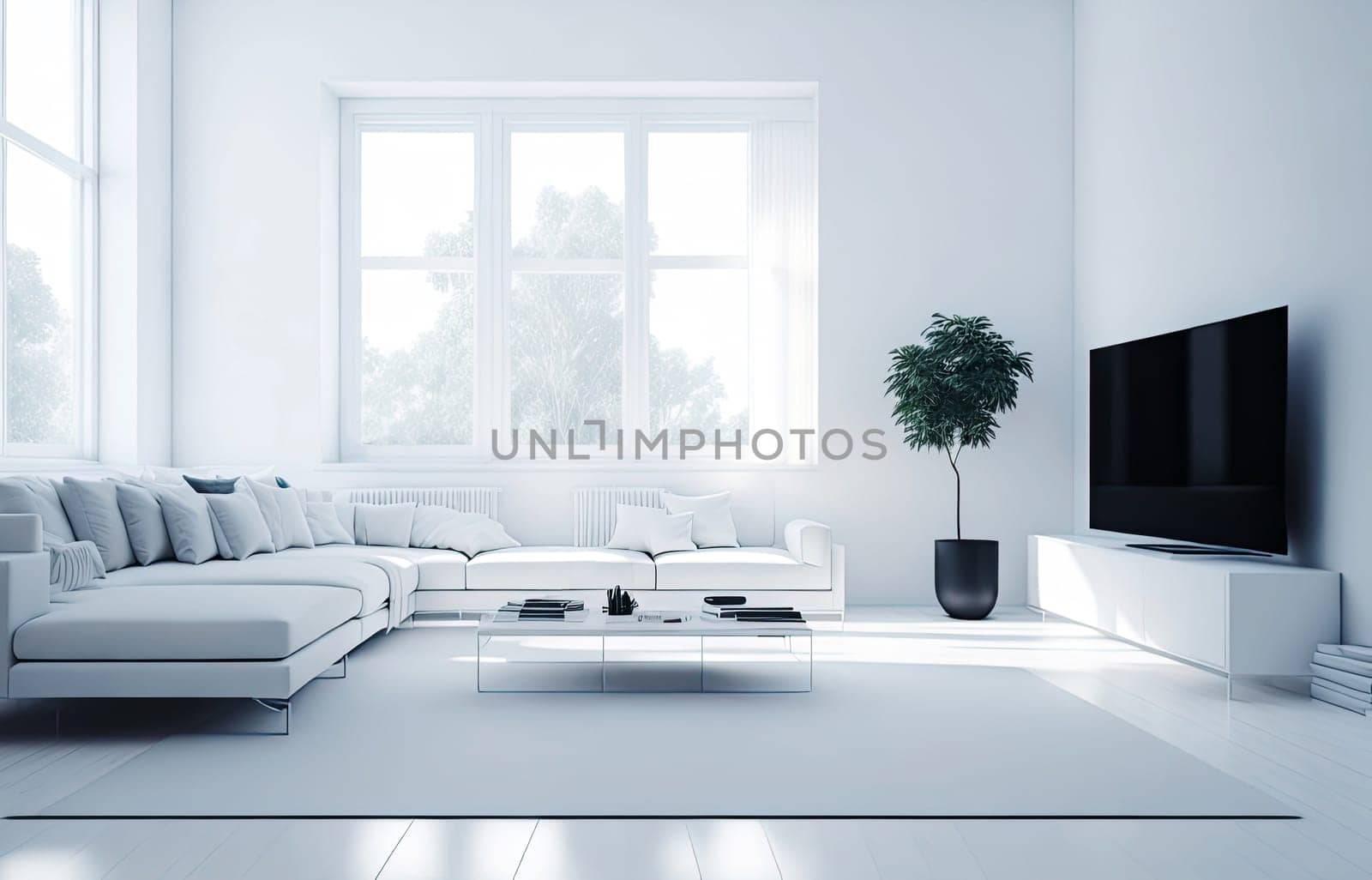 spacious and modern living room interior with sofa. minimalistic  apartment. Generative AI