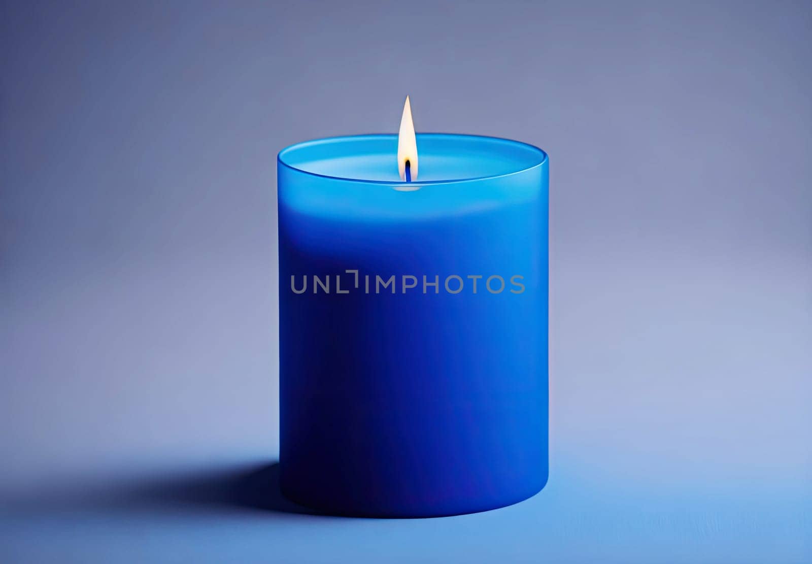 Blue candle burning on the blue background. Generative AI